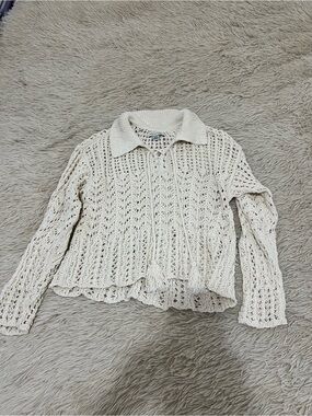 American Eagle Outfitters Cream Crochet Tie-Front Sweater